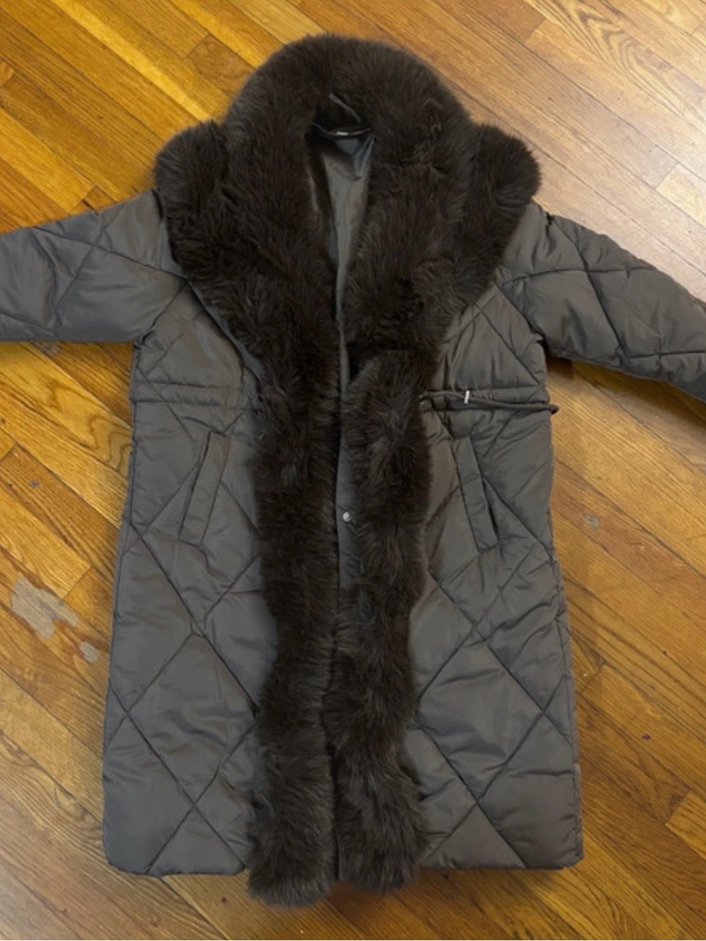 Long Quilted Puffer Coat with Plush Fur Trim - Dark Brown